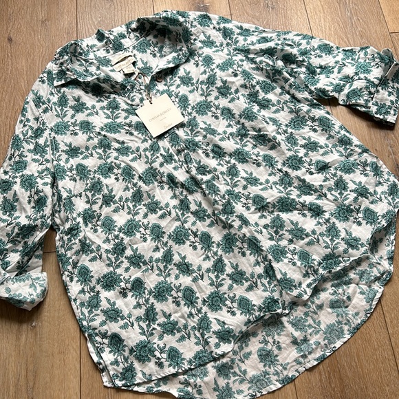 Cynthia Rowley Women Linen 1X Top Blouse White Green Floral Pullover NWT - Picture 3 of 11